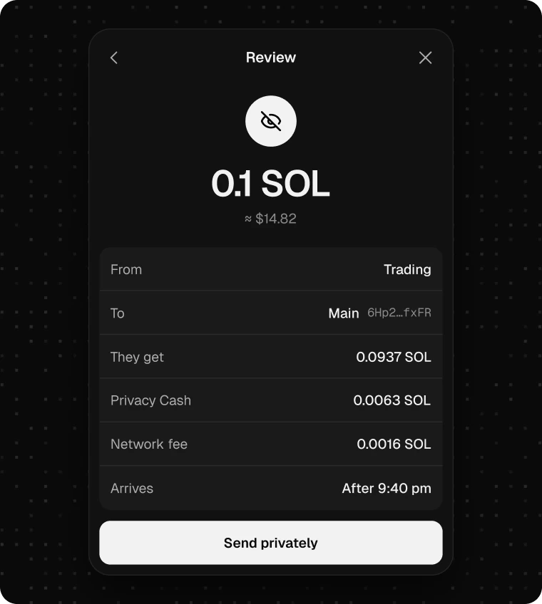 The Send review: 0.1 SOL from Trading to Main, sent privately, 0.0937 SOL lands after 9:40 pm