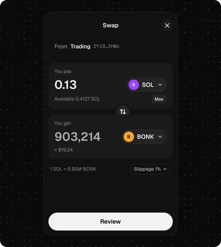 The Swap sheet: 0.13 SOL from Trading for 903,214 BONK