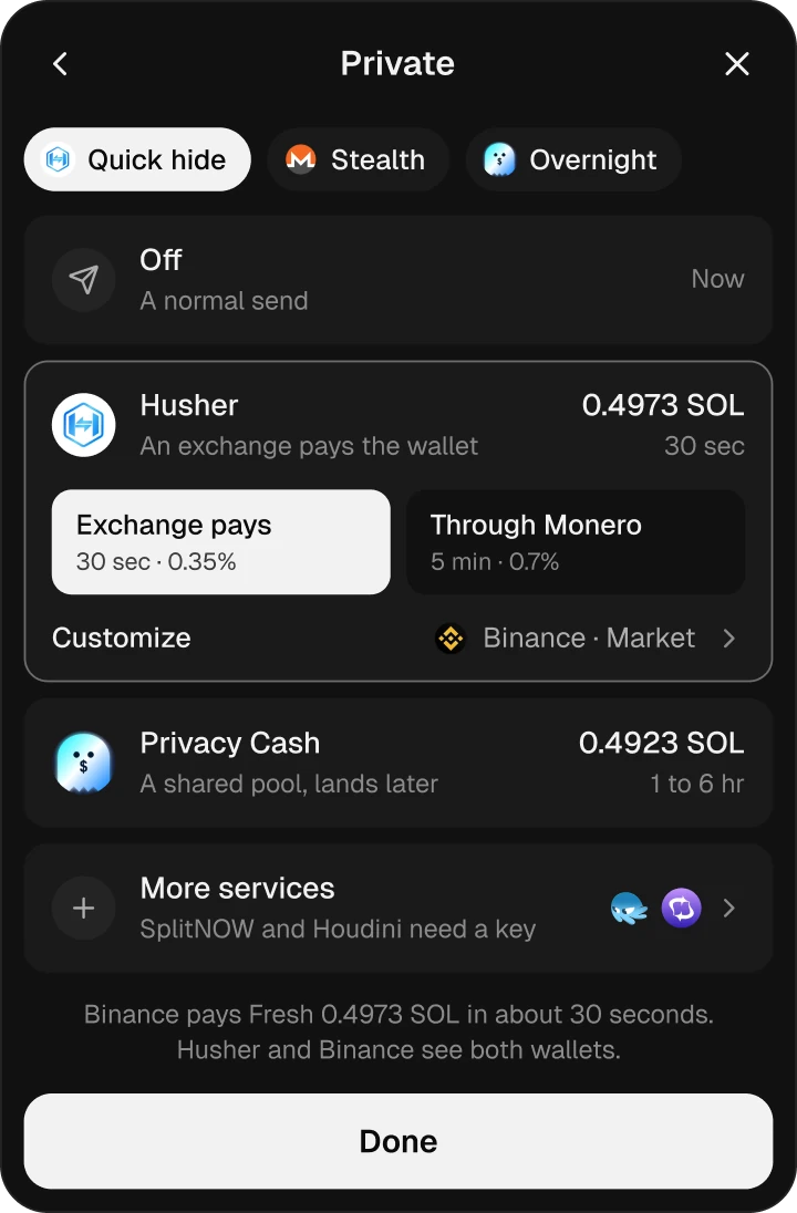 Raven's Private menu: presets Quick hide, Stealth and Overnight; Off; Husher with Exchange pays or Through Monero, paid by Binance; Privacy Cash; more services